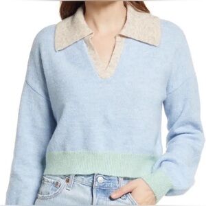 Vero Moda Colorblock Crop Polo Sweater in Cashmere Blue Detail NWT
